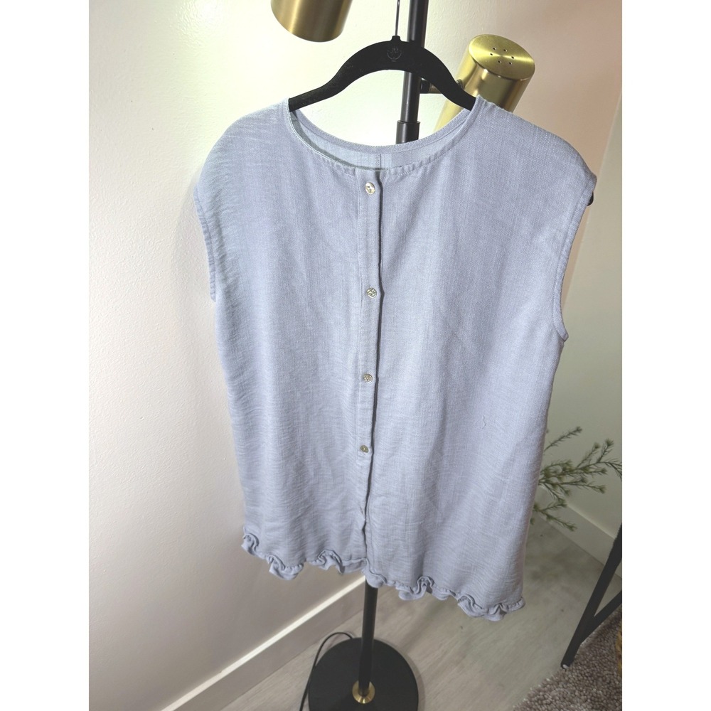 Korean EroMe tiktok ruffle blue linen minimalist full button boxy tank loose MED
